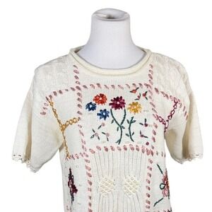 Shenanigans Vintage Embroidered Floral Ribbon Knit Sweater Cream Short Sleeve S